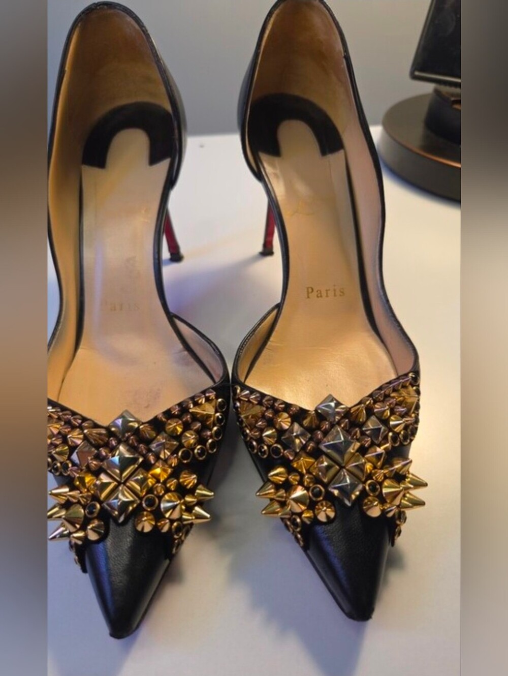 Christian Louboutin Black Pointed-Toe Studded Pumps with Gold Accents 36
